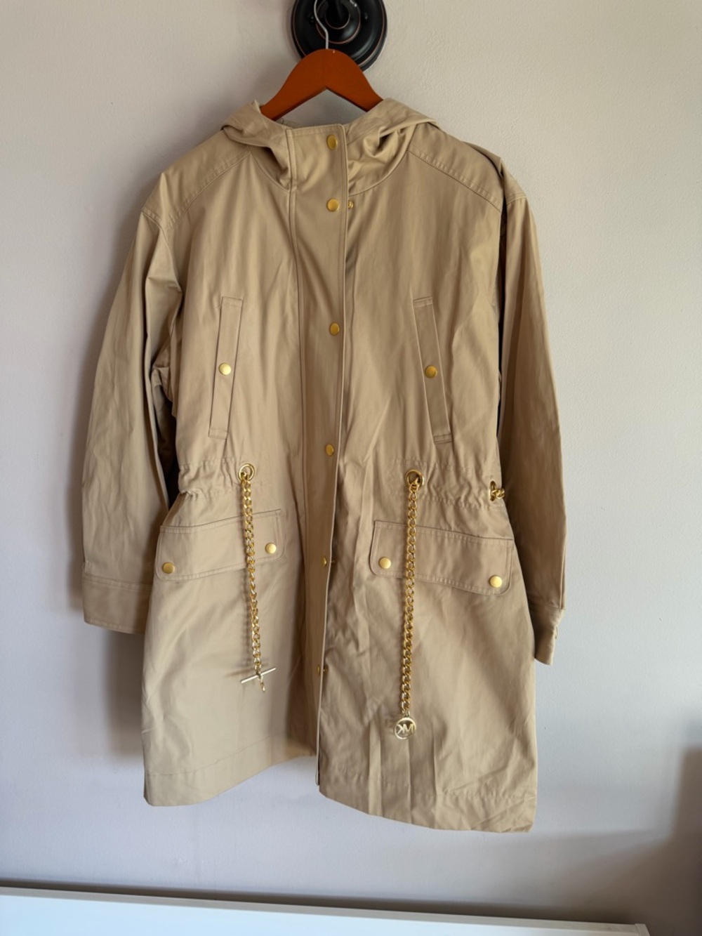 Michael Kors Khaki Hooded Anorak Jacket Gold Chain‎ Waist JH1200YX36 XL NEW